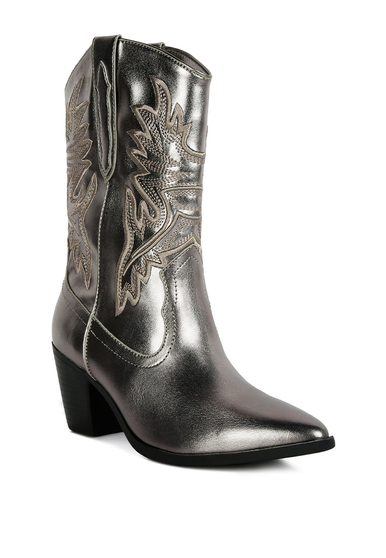 Dixom Western Cowboy Ankle Boots featuring intricate embroidery, low block heel, and side zipper opening.