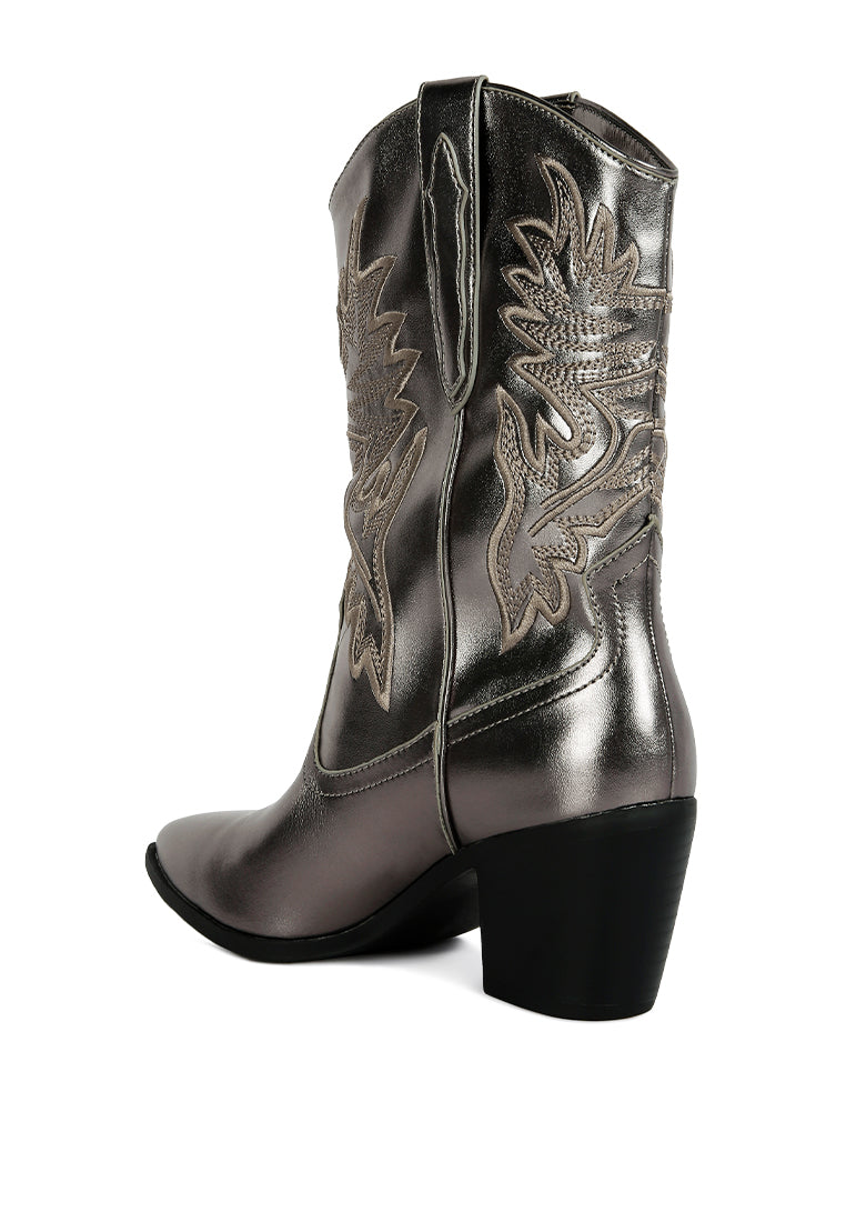 Dixom Western Cowboy Ankle Boots featuring intricate embroidery, low block heel, and side zipper opening.