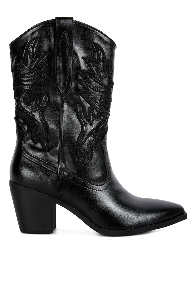 Dixom Western Cowboy Ankle Boots featuring intricate embroidery, low block heel, and side zipper opening.