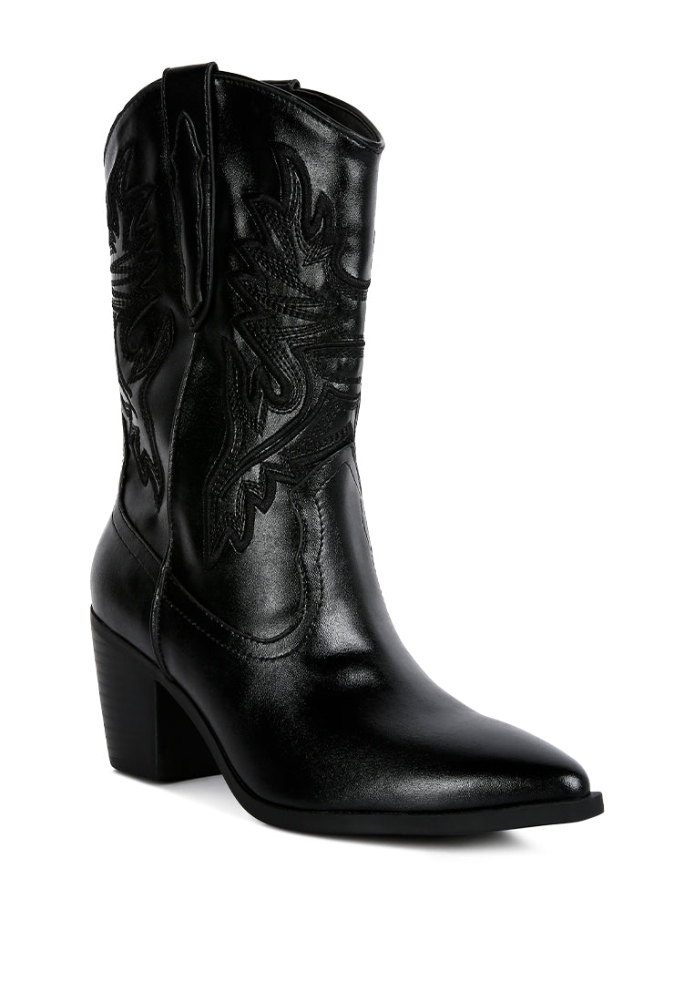 Dixom Western Cowboy Ankle Boots featuring intricate embroidery, low block heel, and side zipper opening.