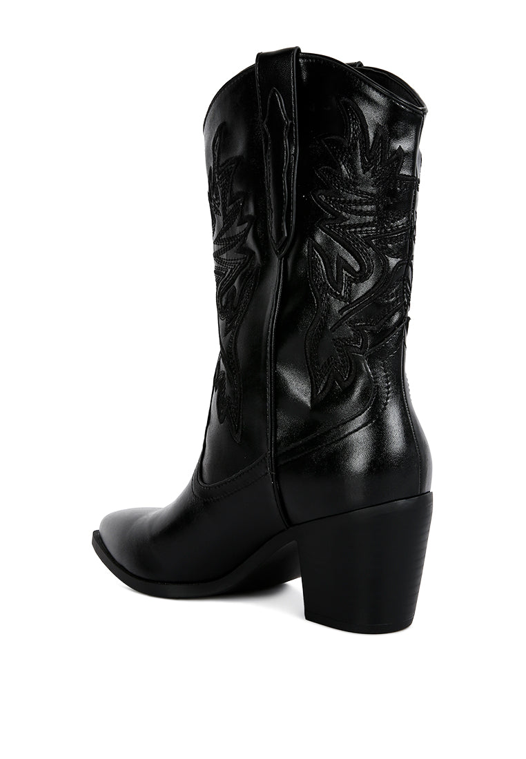 Dixom Western Cowboy Ankle Boots featuring intricate embroidery, low block heel, and side zipper opening.