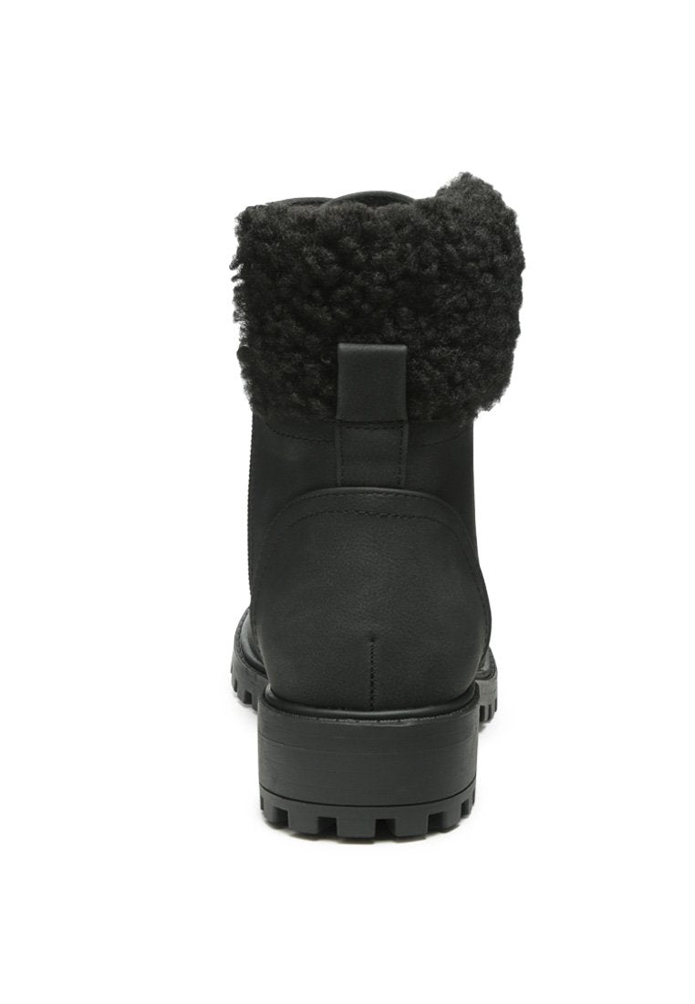 Dolon Lace Up Fur Collar Ankle Boots featuring faux leather upper, fur collar, and sturdy lug sole, perfect for winter wear.