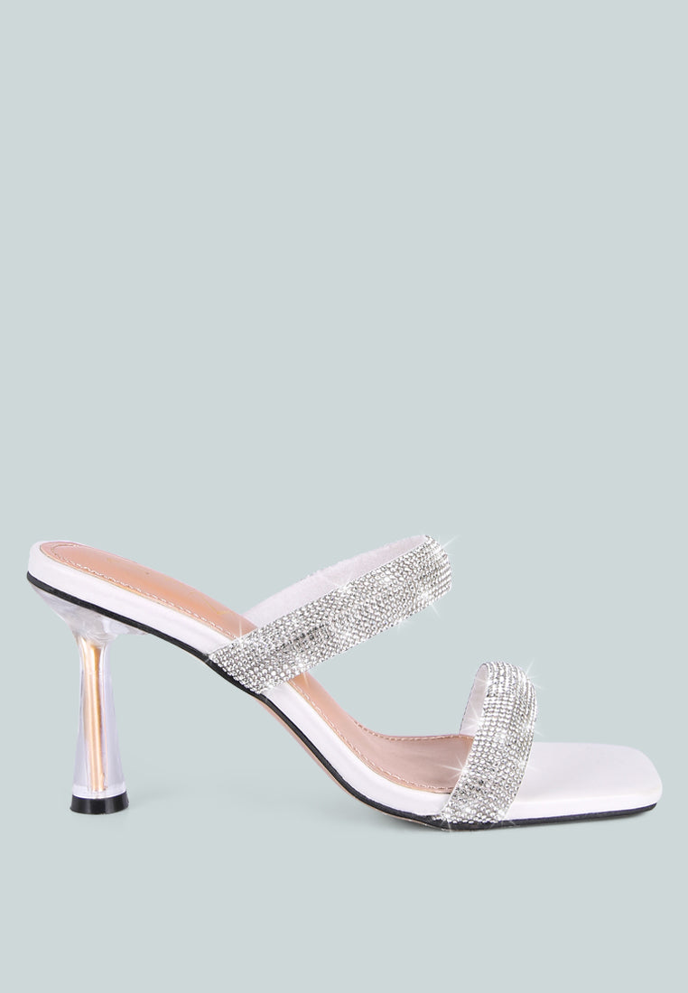 Dolls Rhinestone Embellished Slip On Sandals featuring clear heels and sparkling rhinestone straps, perfect for weddings and parties.