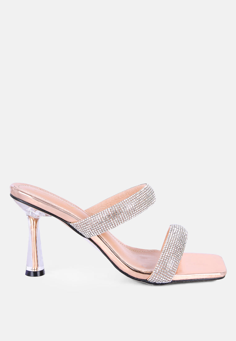 Dolls Rhinestone Embellished Slip On Sandals featuring clear heels and sparkling rhinestone straps, perfect for weddings and parties.