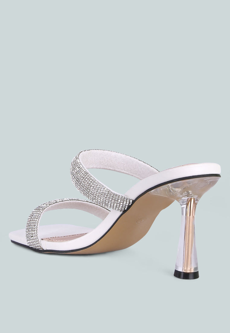 Dolls Rhinestone Embellished Slip On Sandals featuring clear heels and sparkling rhinestone straps, perfect for weddings and parties.