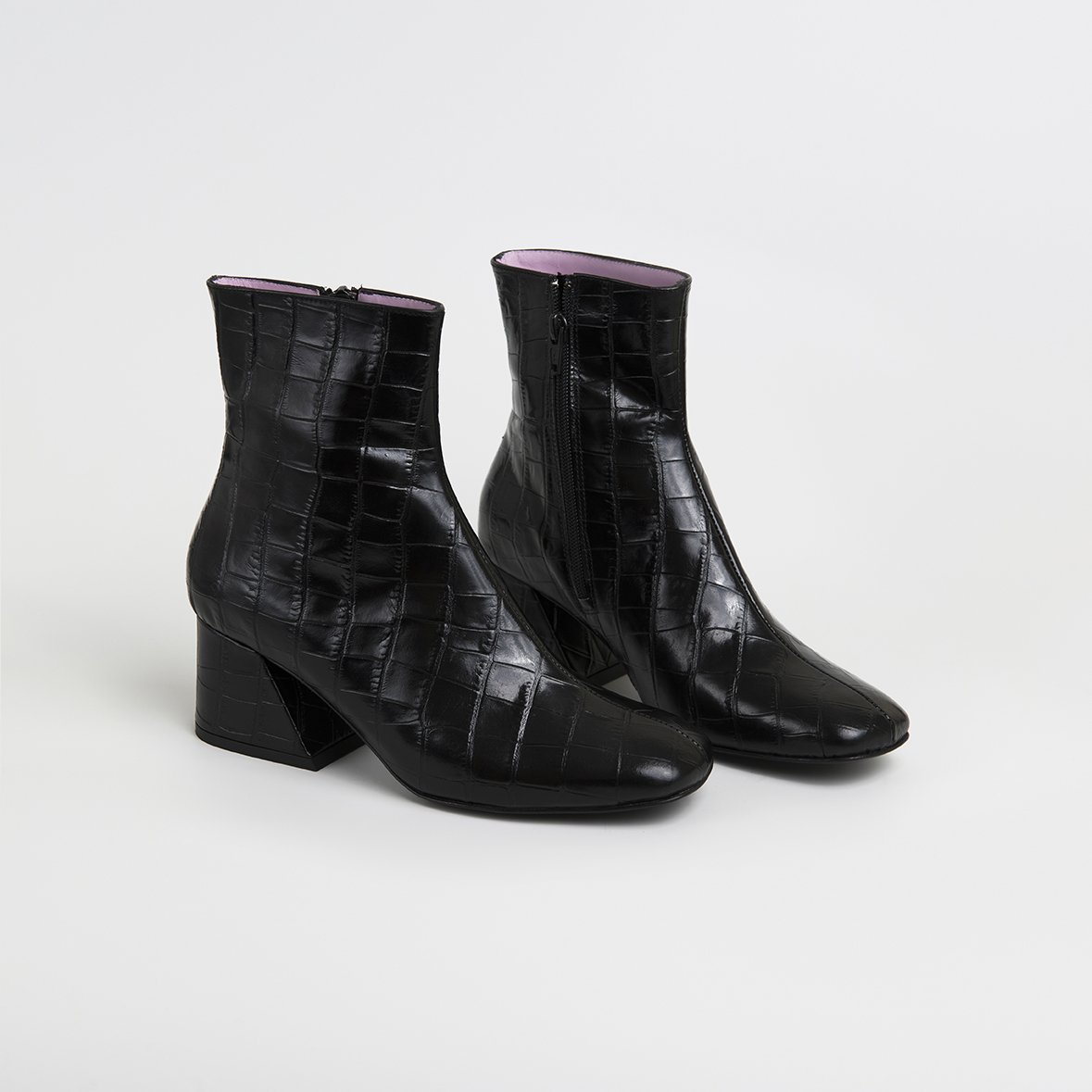 DORIC Black Leather Square Toe Boots featuring crocodile print, elegant design, and cushioned insole, handcrafted in Portugal.