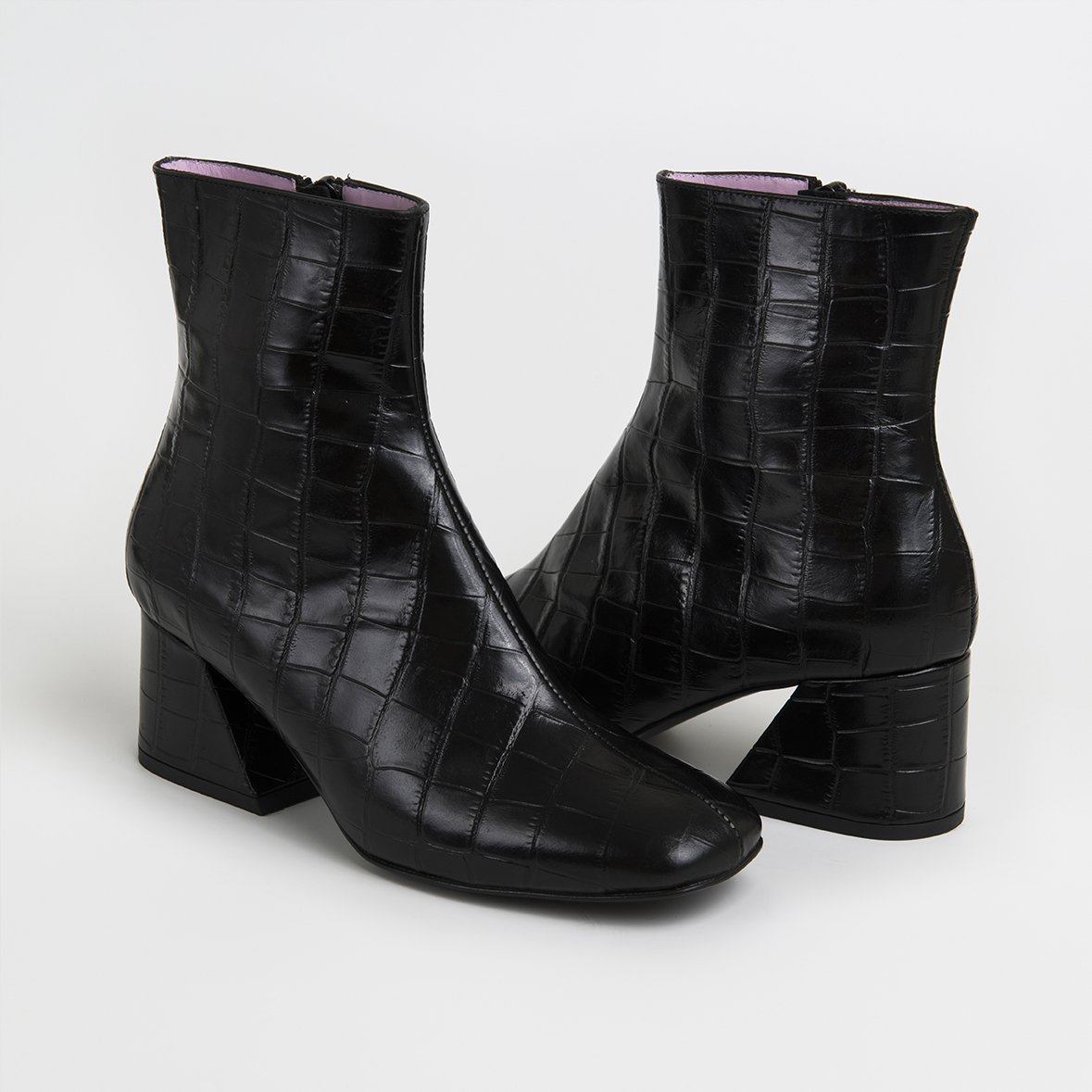 DORIC Black Leather Square Toe Boots featuring crocodile print, elegant design, and cushioned insole, handcrafted in Portugal.