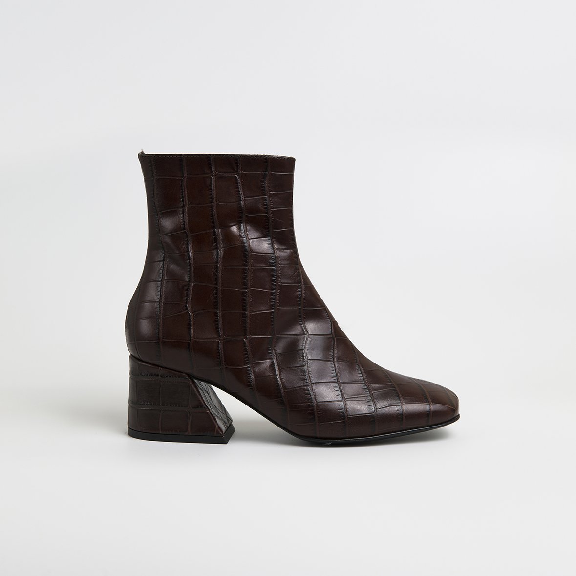 DORIC Brown Leather Square Toe Boots featuring crocodile print, elegant design, and cushioned insole.