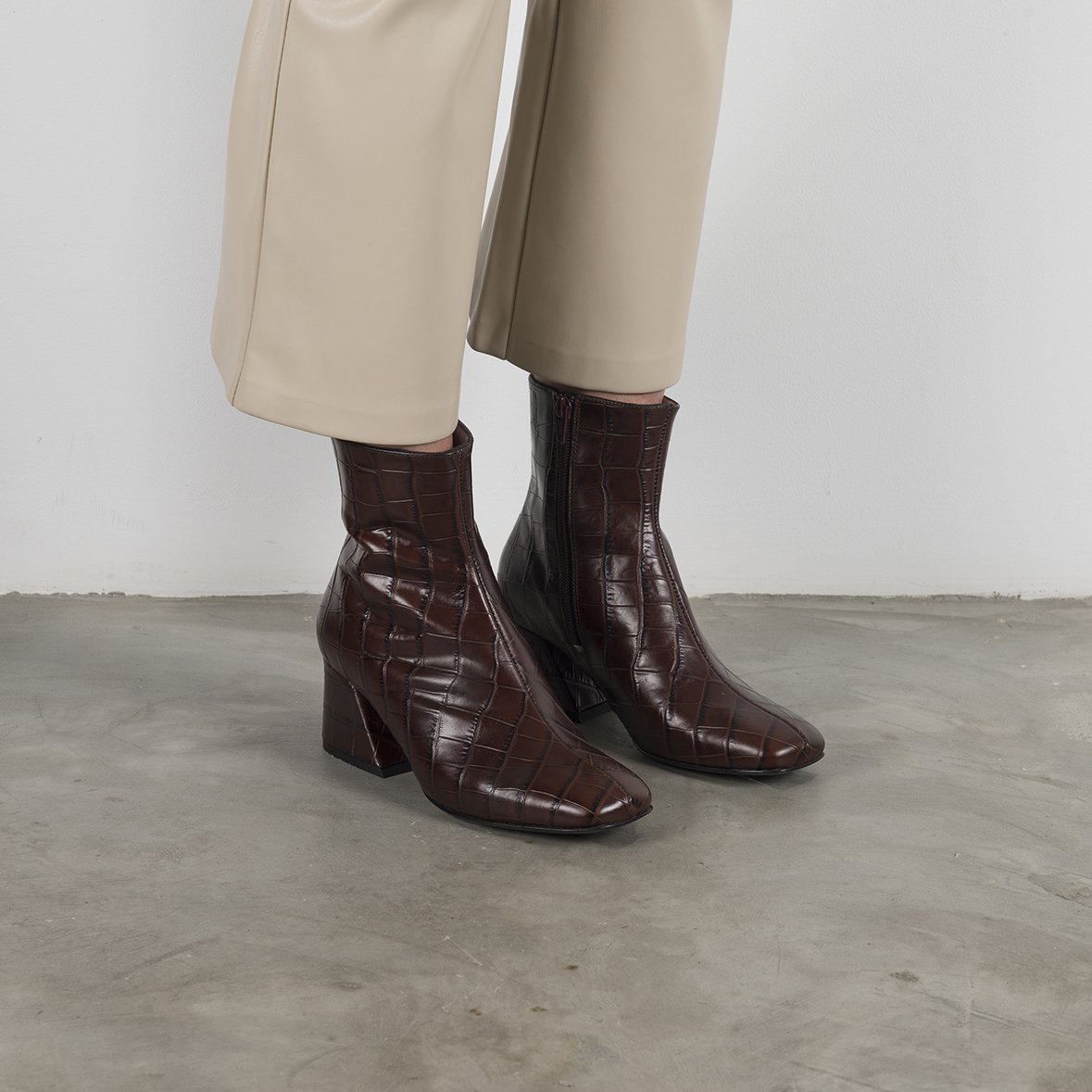 DORIC Brown Leather Square Toe Boots featuring crocodile print, elegant design, and cushioned insole.