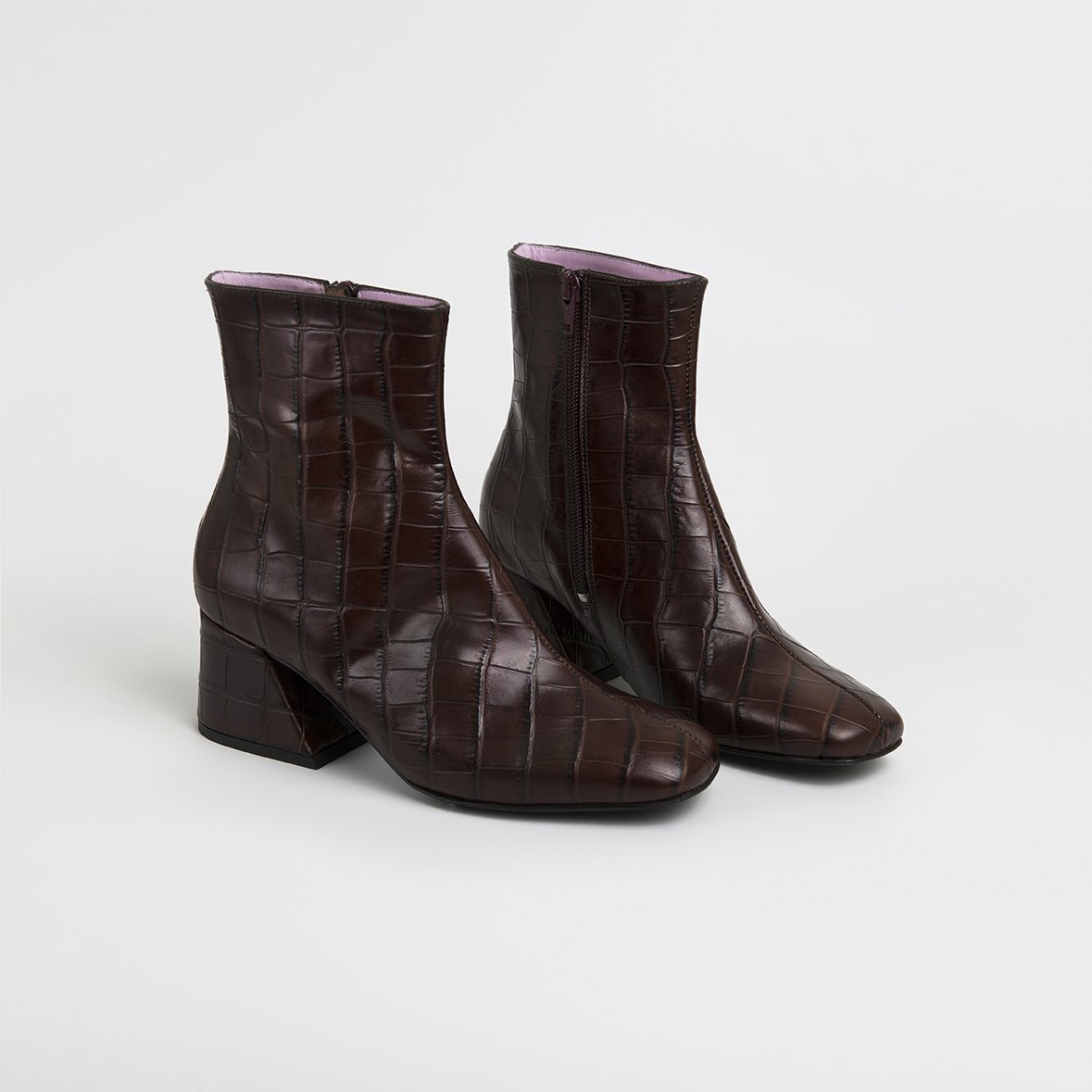 DORIC Brown Leather Square Toe Boots featuring crocodile print, elegant design, and cushioned insole.