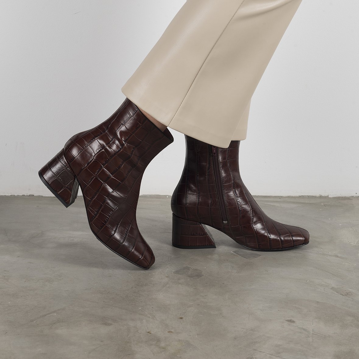 DORIC Brown Leather Square Toe Boots featuring crocodile print, elegant design, and cushioned insole.