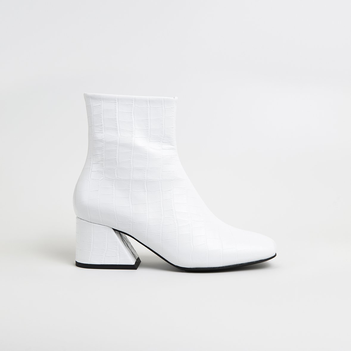 DORIC White Leather Square Toe Boots featuring crocodile print, elegant design, and cushioned insole.