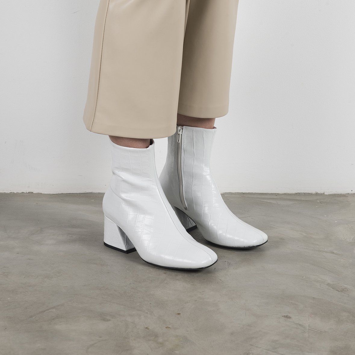 DORIC White Leather Square Toe Boots featuring crocodile print, elegant design, and cushioned insole.