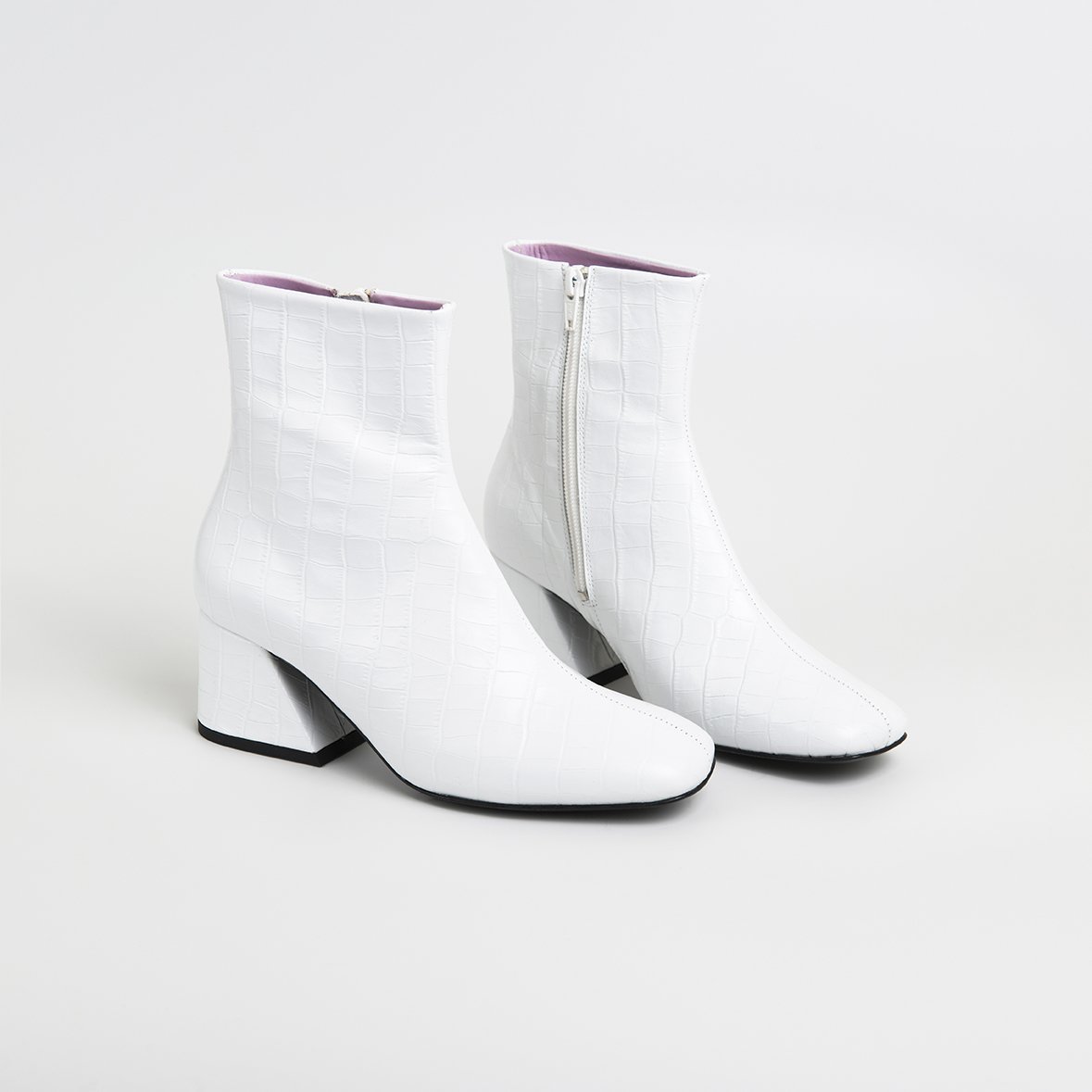 DORIC White Leather Square Toe Boots featuring crocodile print, elegant design, and cushioned insole.