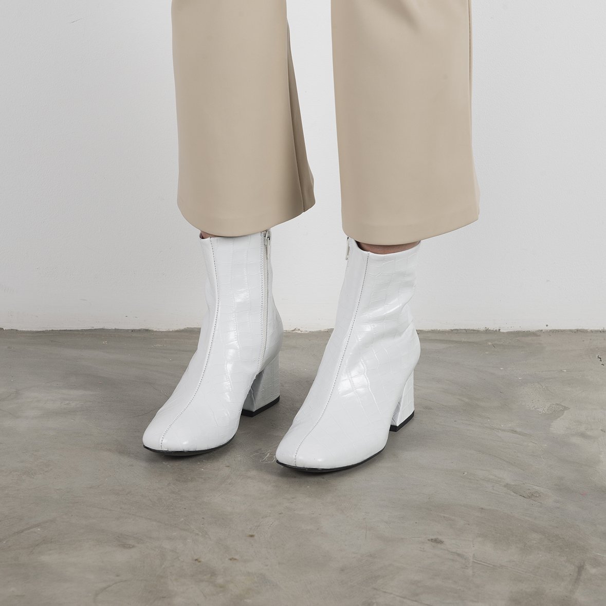 DORIC White Leather Square Toe Boots featuring crocodile print, elegant design, and cushioned insole.