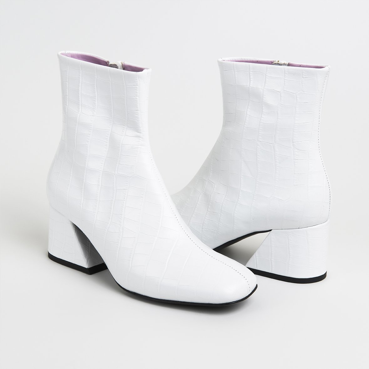 DORIC White Leather Square Toe Boots featuring crocodile print, elegant design, and cushioned insole.