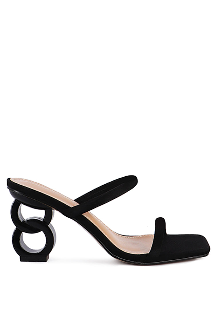 Downtown Double Strap Fantasy Heel Sandals featuring faux leather upper, open square toe, and funky experiment heels.