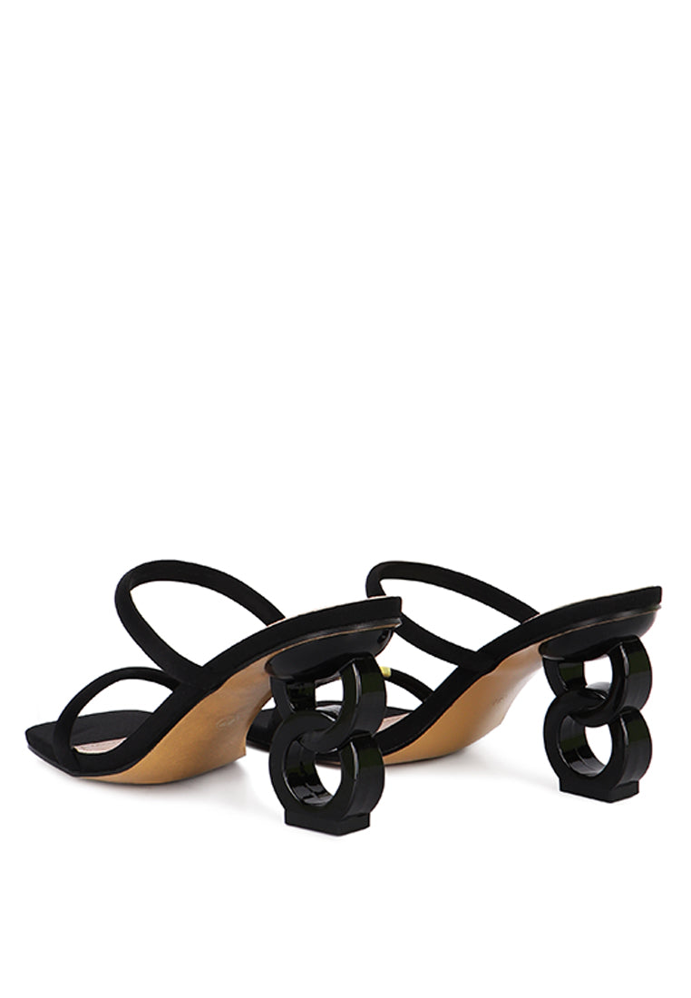 Downtown Double Strap Fantasy Heel Sandals featuring faux leather upper, open square toe, and funky experiment heels.