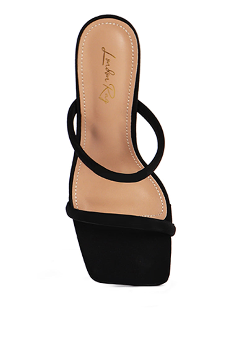 Downtown Double Strap Fantasy Heel Sandals featuring faux leather upper, open square toe, and funky experiment heels.