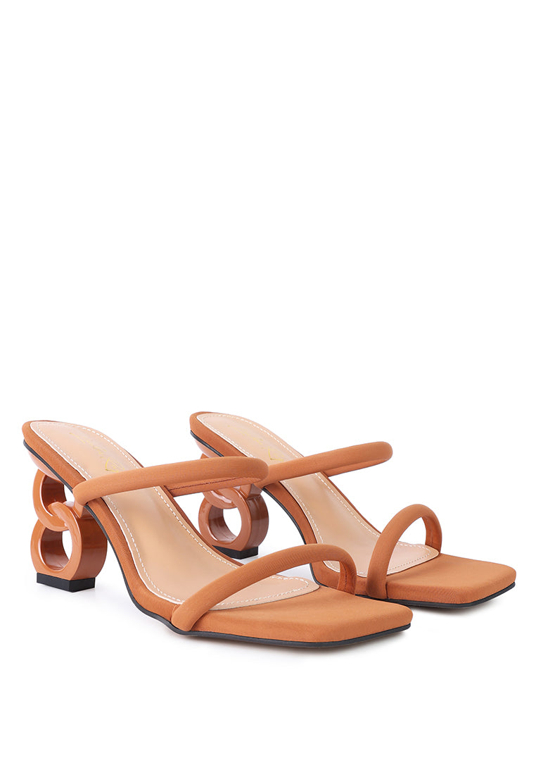 Downtown Double Strap Fantasy Heel Sandals featuring faux leather upper, open square toe, and funky experiment heels.