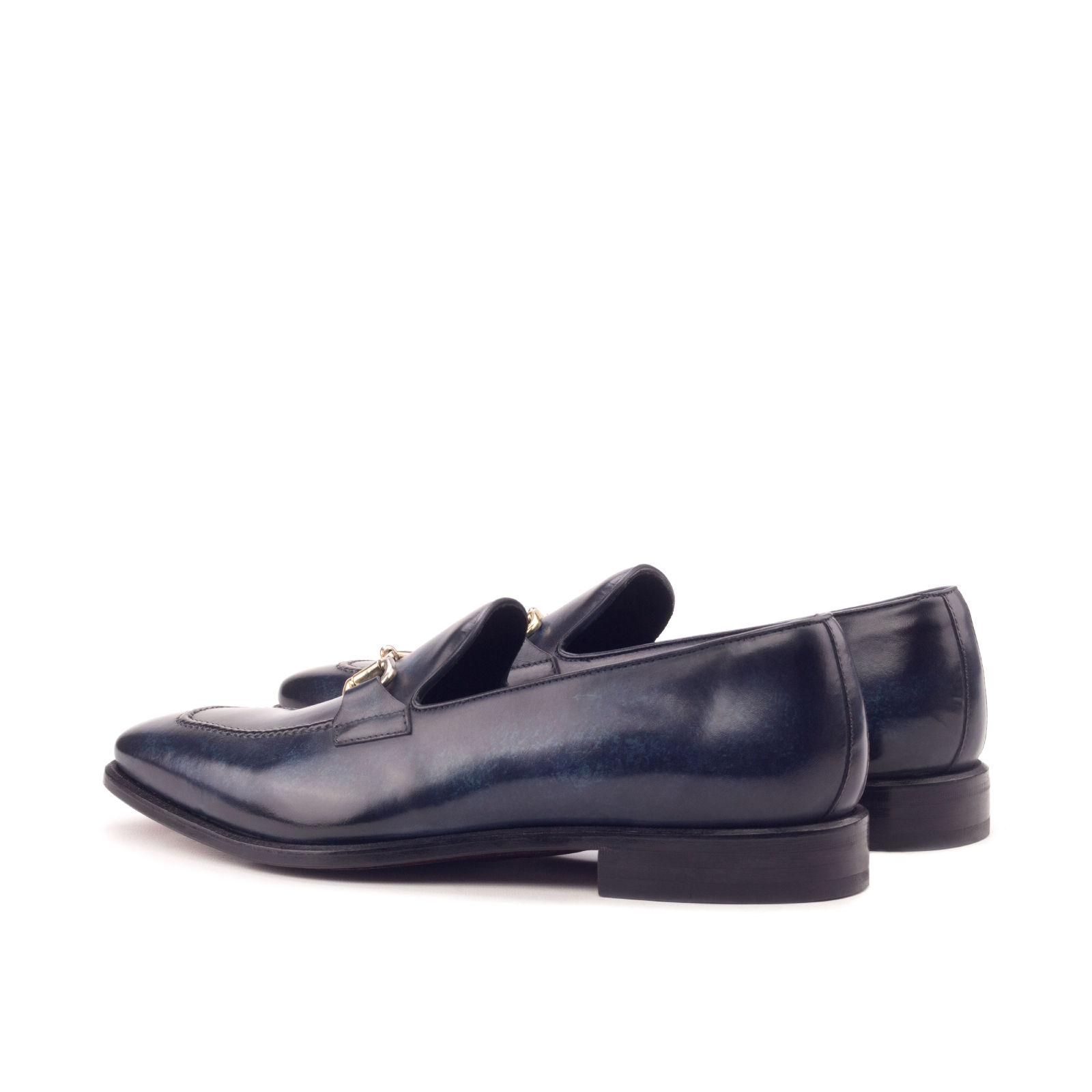 Dre Patina Loafers featuring denim crust patina, black calf leather lining, and dark red leather sole, showcasing a classic yet modern design.