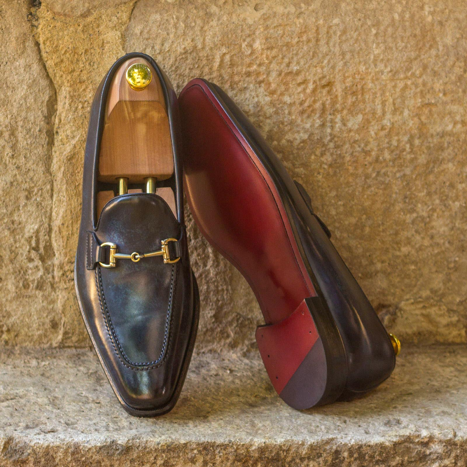 Dre Patina Loafers featuring denim crust patina, black calf leather lining, and dark red leather sole, showcasing a classic yet modern design.