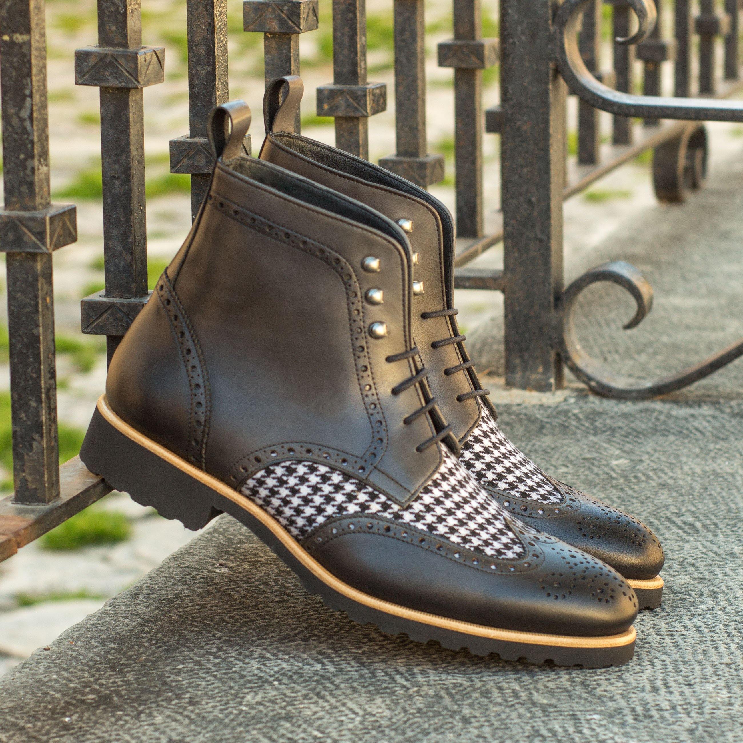 DT90 Military Brogue Boots II featuring brogue pattern and commando sole, crafted from houndstooth sartorial and grey painted calf leather.