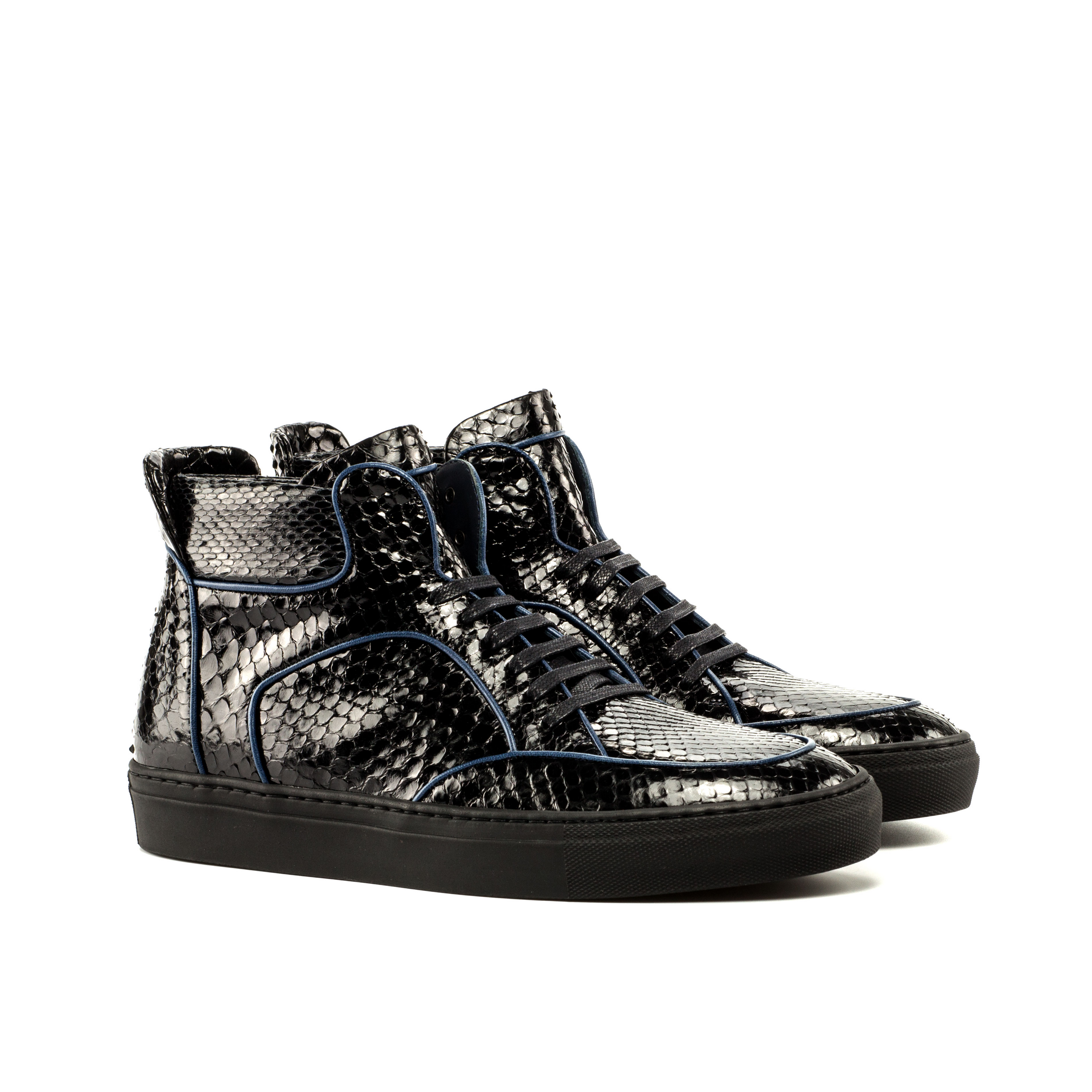 Dtown Python High Top Sneakers featuring a black python exterior and navy calf piping, showcasing a stylish high top design.