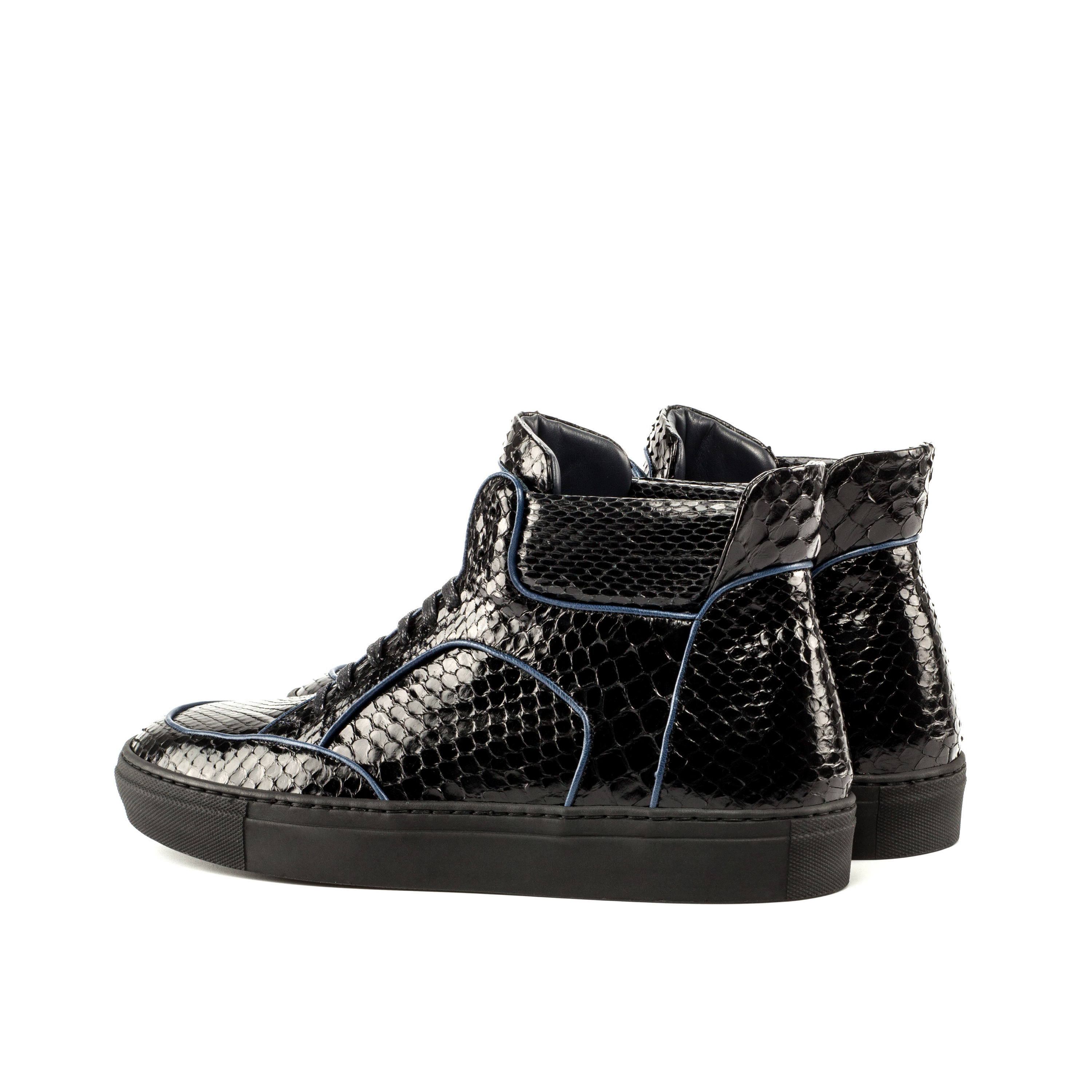 Dtown Python High Top Sneakers featuring a black python exterior and navy calf piping, showcasing a stylish high top design.