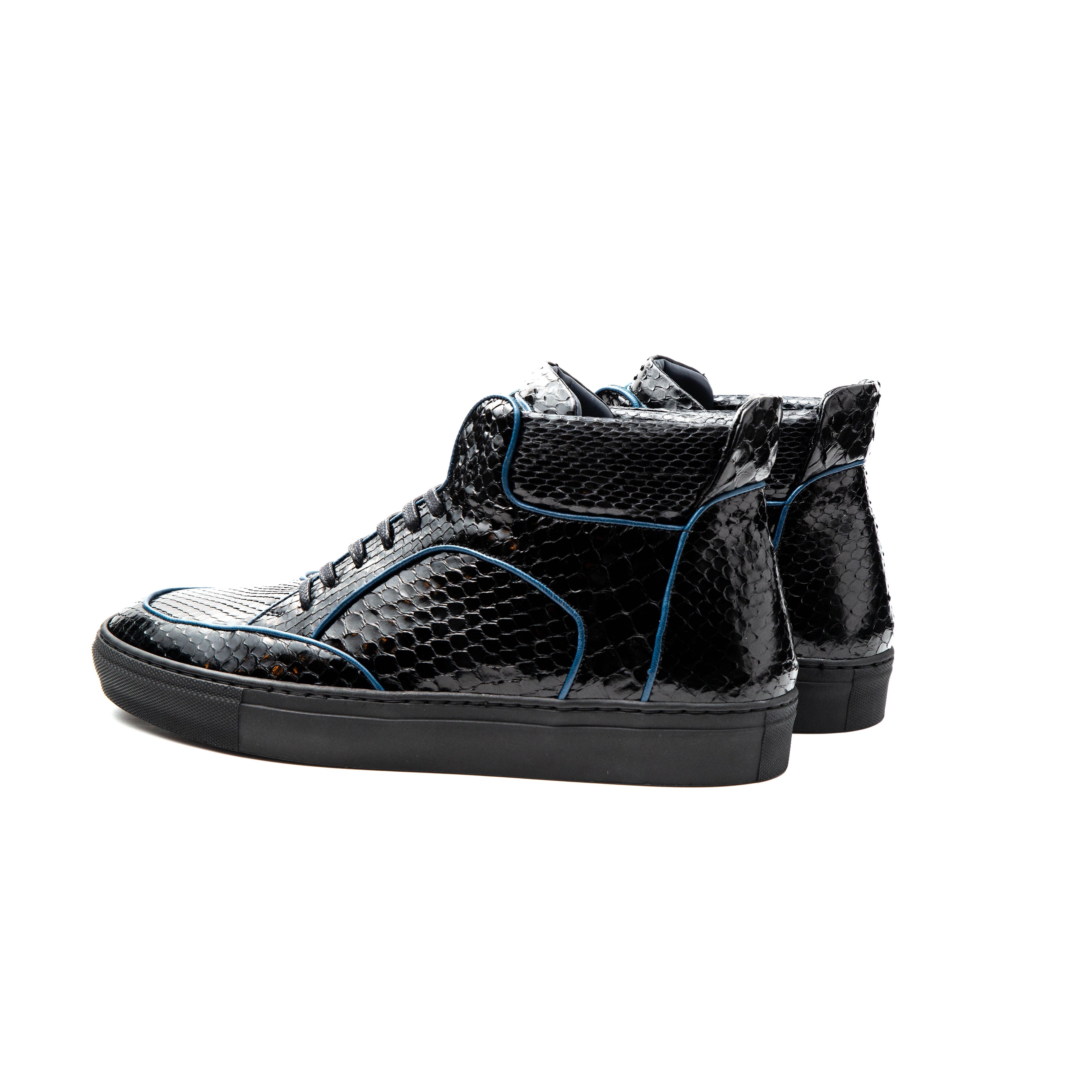 Dtown Python High Top Sneakers featuring a black python exterior and navy calf piping, showcasing a stylish high top design.