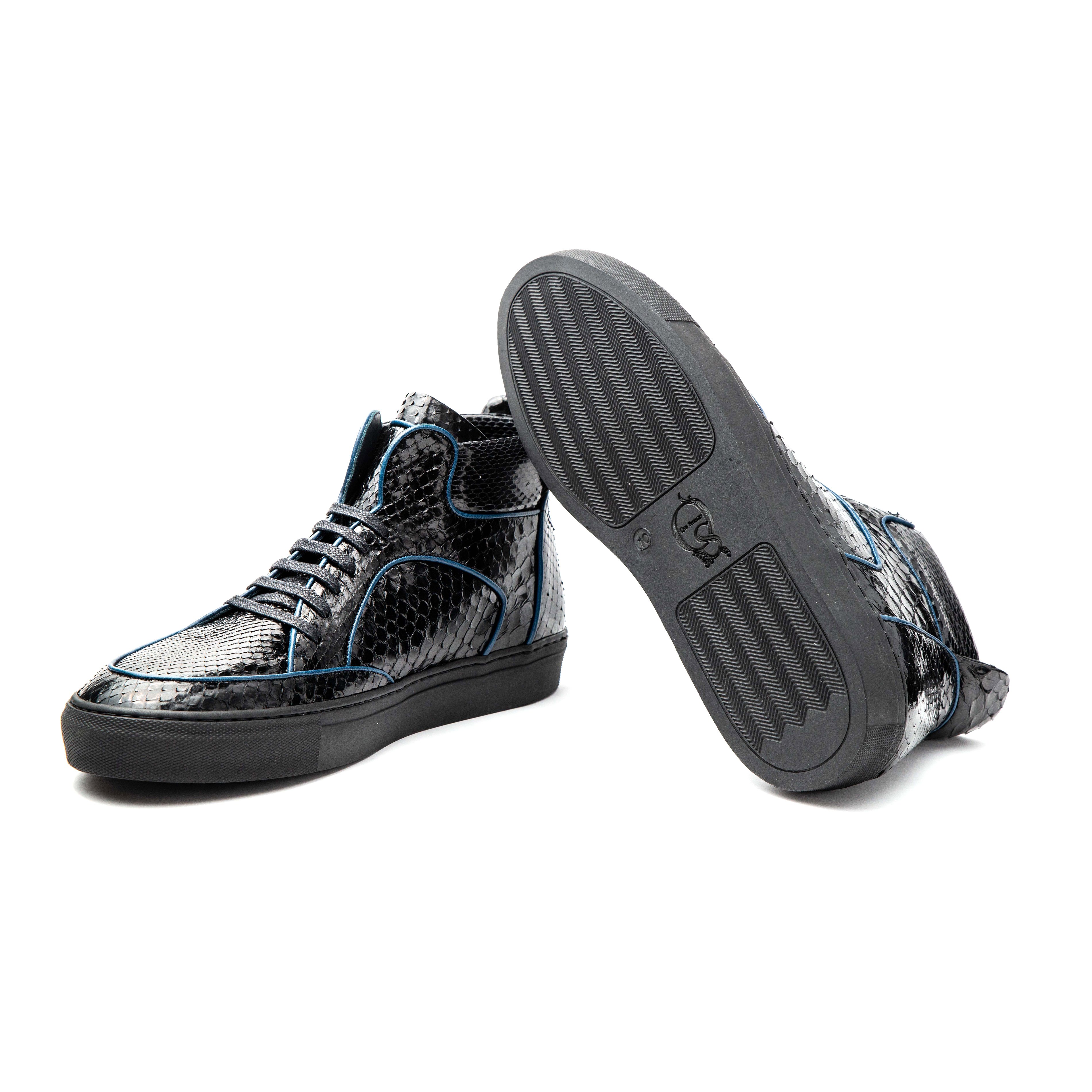 Dtown Python High Top Sneakers featuring a black python exterior and navy calf piping, showcasing a stylish high top design.