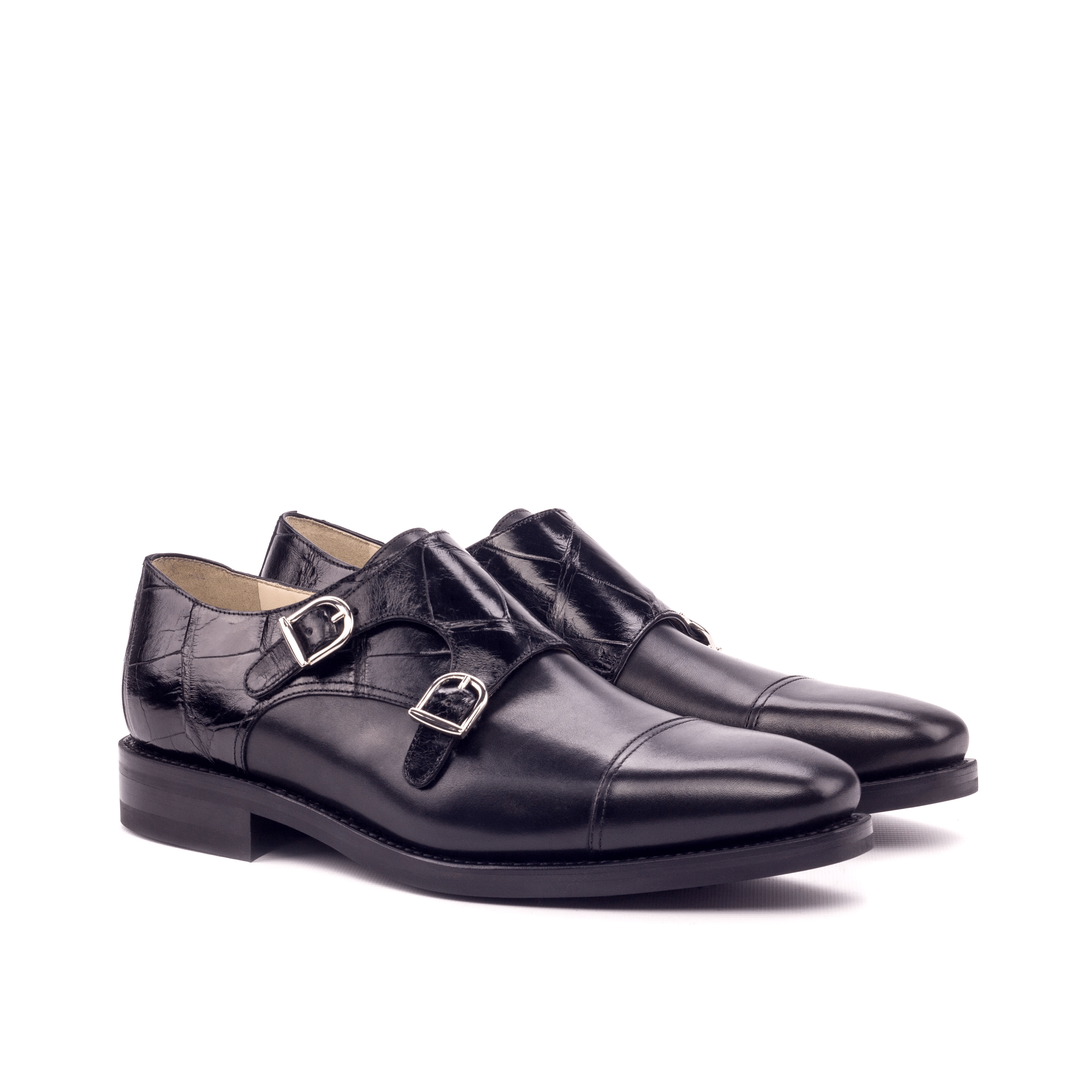 Dulla Alligator Double Monk II shoe featuring black alligator leather and double monk strap design, showcasing elegance and luxury.