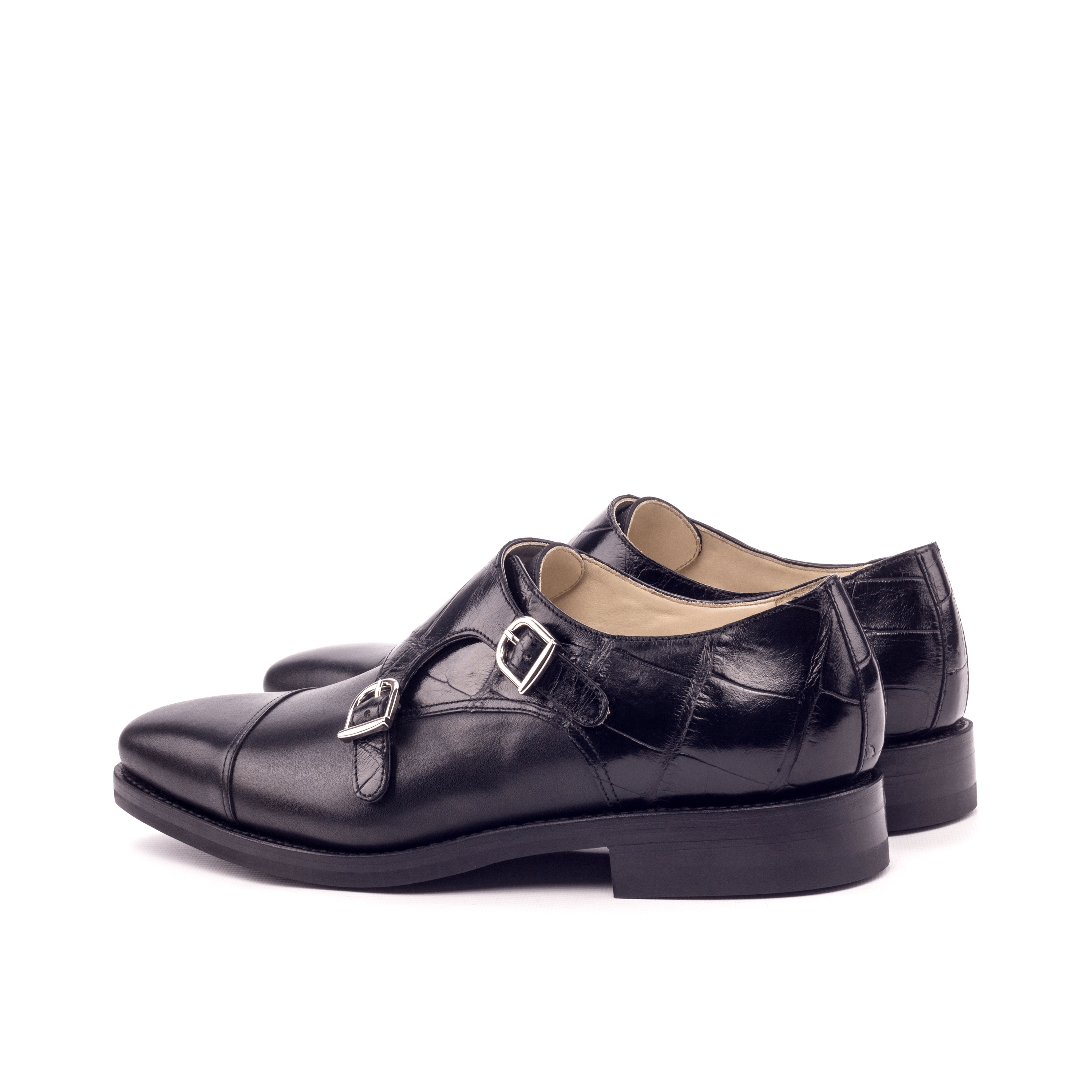 Dulla Alligator Double Monk II shoe featuring black alligator leather and double monk strap design, showcasing elegance and luxury.