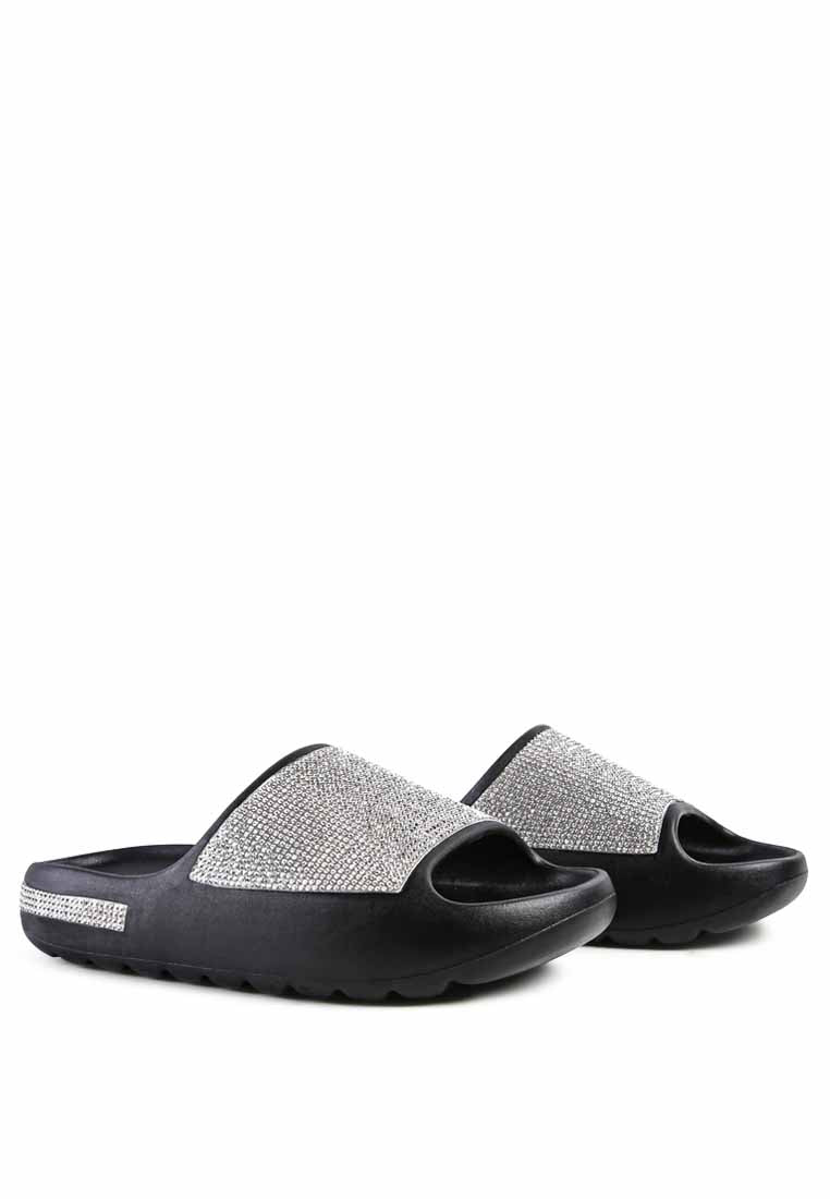 Dumba Diamante Pool Sliders showcasing shiny diamante details and a comfortable molded footbed, perfect for summer wear.