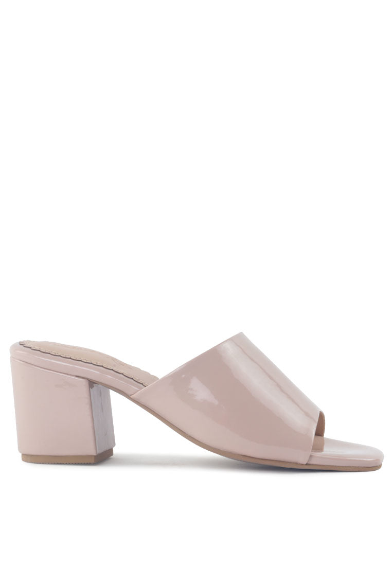 Dumpllin Patent Faux Leather Slip-On Block Heel Sandals showcasing a glossy finish, mid block heel, and open square toe design.