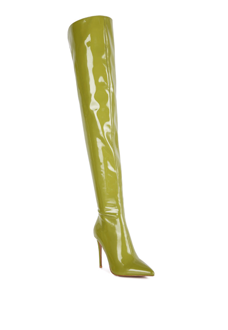 A pair of stylish Eclectic Knee Boots featuring a stiletto heel and twin zippers, made from stretch Patent PU.