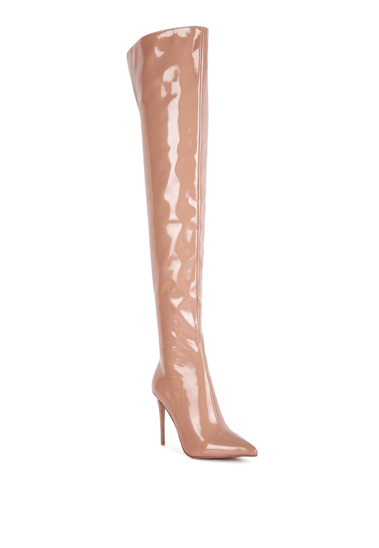 A pair of stylish Eclectic Knee Boots featuring a stiletto heel and twin zippers, made from stretch Patent PU.