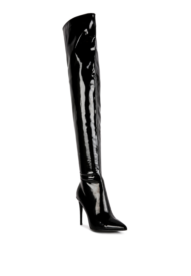 A pair of stylish Eclectic Knee Boots featuring a stiletto heel and twin zippers, made from stretch Patent PU.