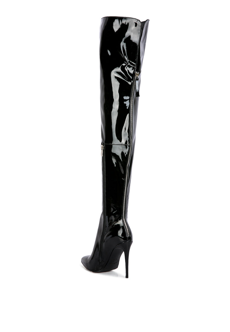 A pair of stylish Eclectic Knee Boots featuring a stiletto heel and twin zippers, made from stretch Patent PU.