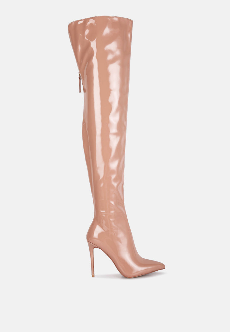 A pair of stylish Eclectic Knee Boots featuring a stiletto heel and twin zippers, made from stretch Patent PU.