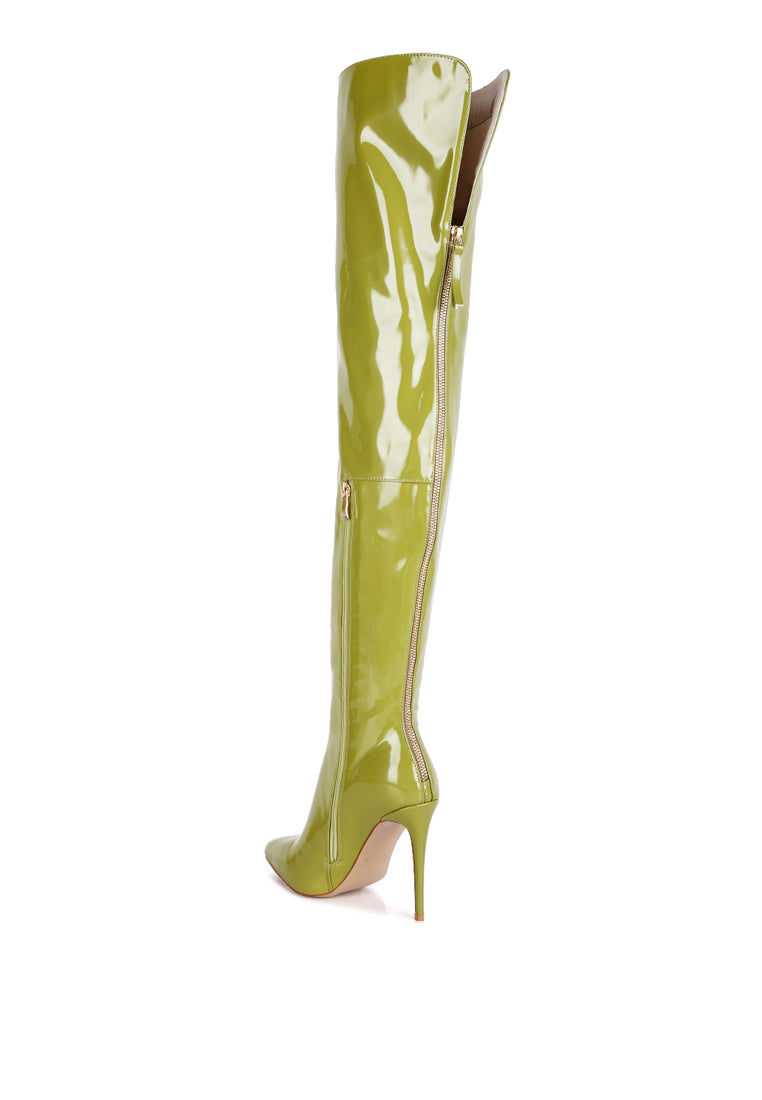 A pair of stylish Eclectic Knee Boots featuring a stiletto heel and twin zippers, made from stretch Patent PU.