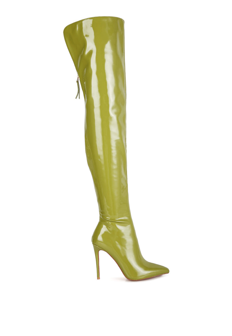 A pair of stylish Eclectic Knee Boots featuring a stiletto heel and twin zippers, made from stretch Patent PU.