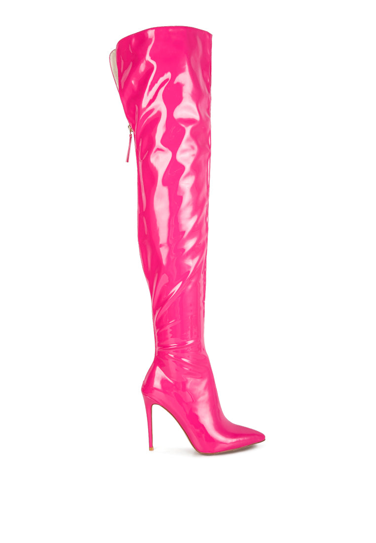 A pair of stylish Eclectic Knee Boots featuring a stiletto heel and twin zippers, made from stretch Patent PU.