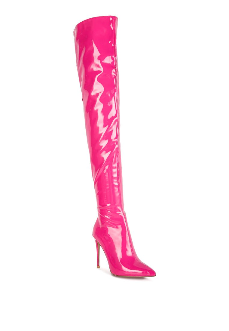 A pair of stylish Eclectic Knee Boots featuring a stiletto heel and twin zippers, made from stretch Patent PU.