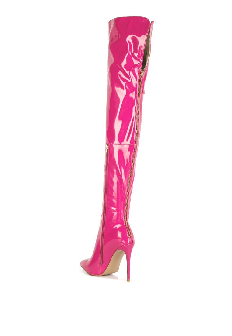 A pair of stylish Eclectic Knee Boots featuring a stiletto heel and twin zippers, made from stretch Patent PU.