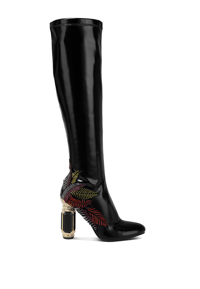 Ecstasy Fantasy Heel Patchwork Knee High Boots featuring rhinestone embellishments and a jewel fantasy heel, showcasing a chic and luxurious design.