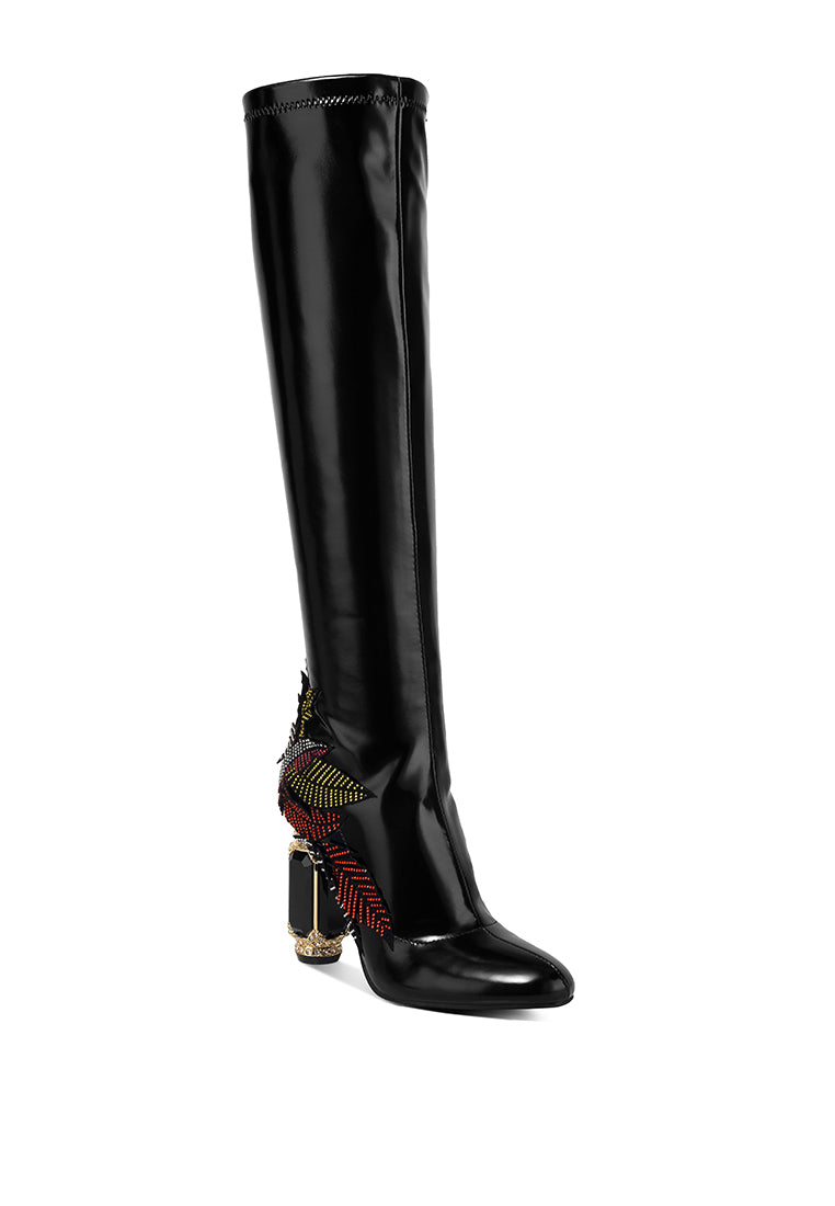 Ecstasy Fantasy Heel Patchwork Knee High Boots featuring rhinestone embellishments and a jewel fantasy heel, showcasing a chic and luxurious design.