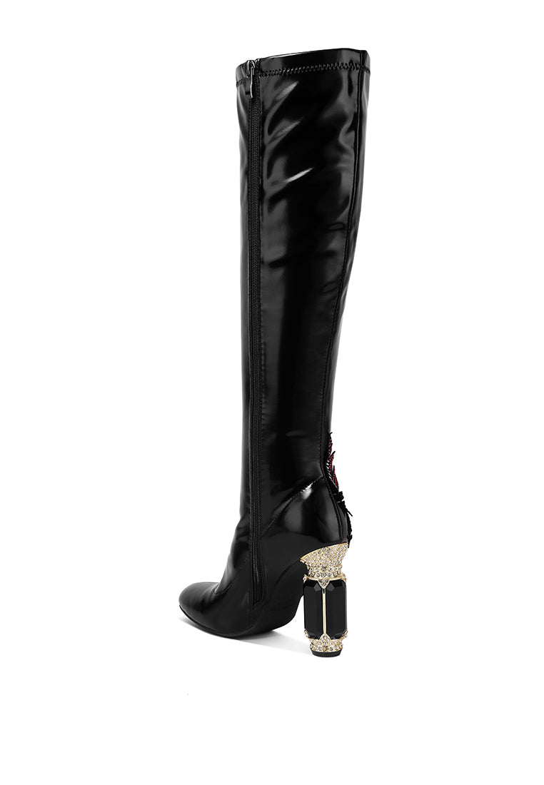 Ecstasy Fantasy Heel Patchwork Knee High Boots featuring rhinestone embellishments and a jewel fantasy heel, showcasing a chic and luxurious design.