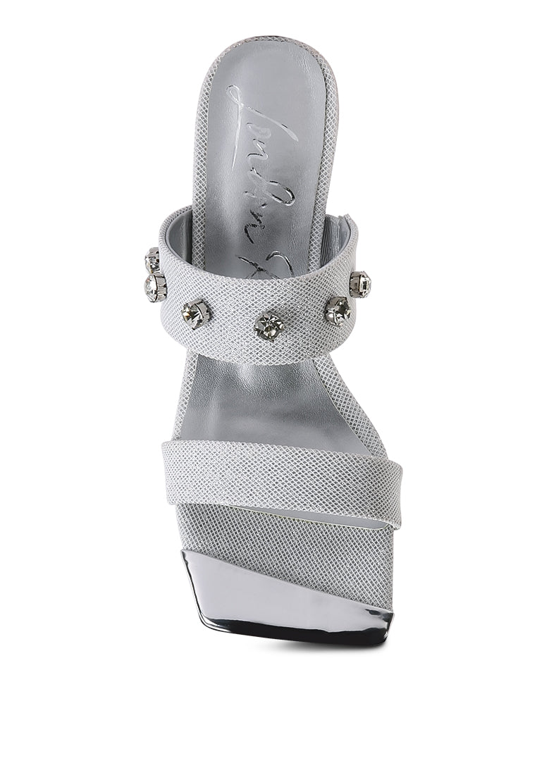 Edm Queen Diamante Embellished Glitter Sandals featuring beige fabric upper and sparkling diamante details.