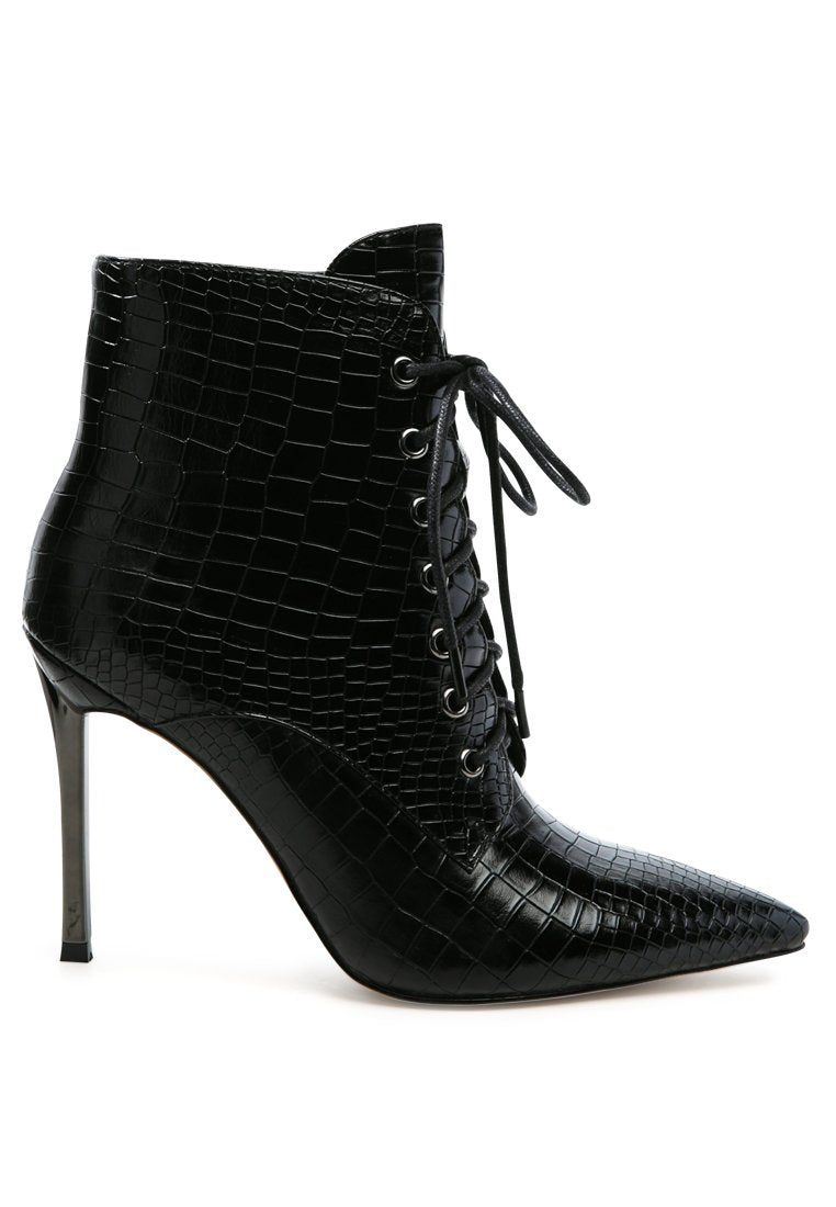 Escala Croc Stiletto Ankle Boots featuring a lace-up design and shiny stiletto heels, crafted from croc textured faux leather.